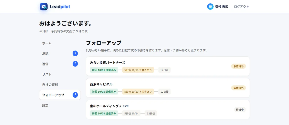 Leadpilot の「フォローアップ」の画面(サンプル)